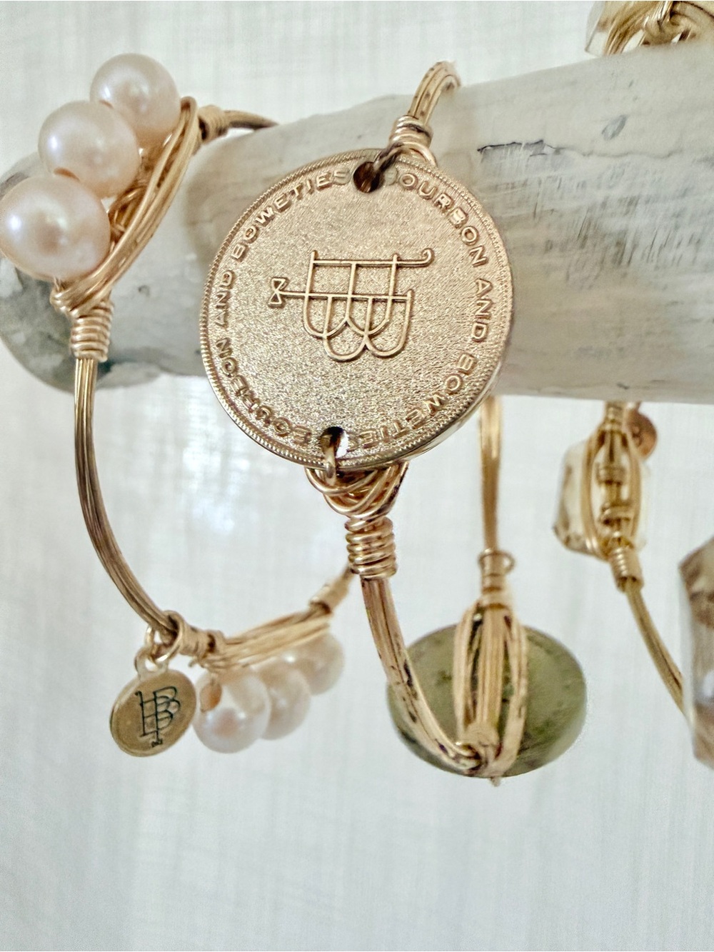 5-Pc Bourbon & Bowties Bracelet Set • Signature Coin, RoseQuartz, Pearl, Crystal - Picture 2 of 8
